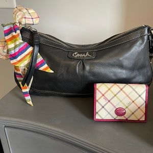 Coach black leather purse with scarf and matching card holder